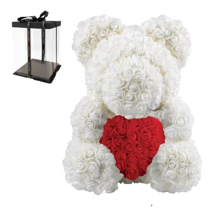 Rose Bear 25cm – Άσπρα Τριαντάφυλλα με Κόκκινη Καρδιά